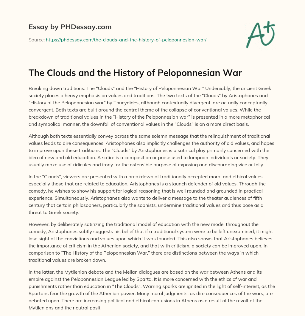 The Clouds and the History of Peloponnesian War essay