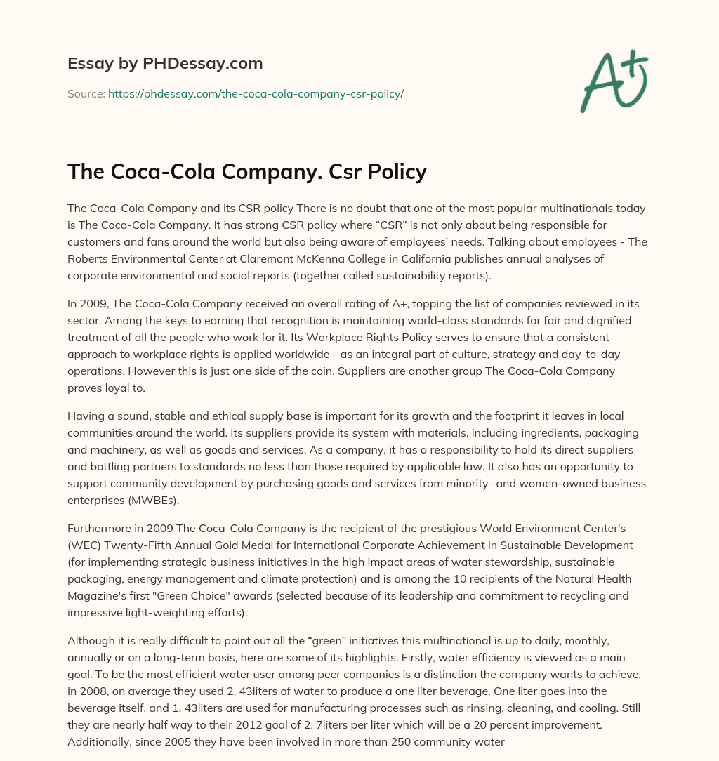 The Coca-Cola Company. Csr Policy essay