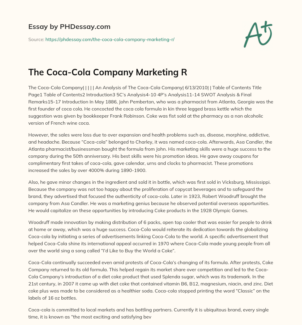 The Coca-Cola Company Marketing R essay