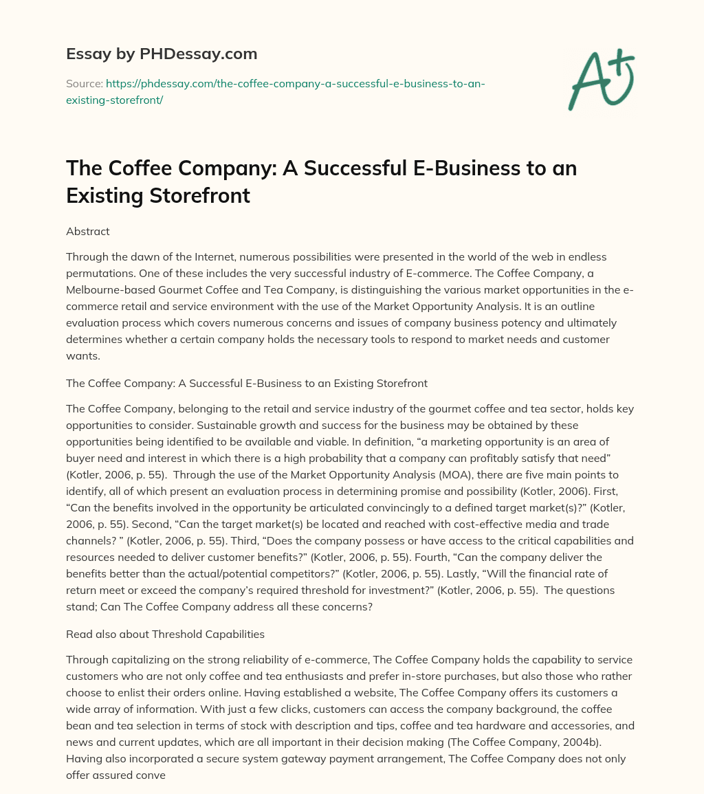 The Coffee Company: A Successful E-Business to an Existing Storefront essay