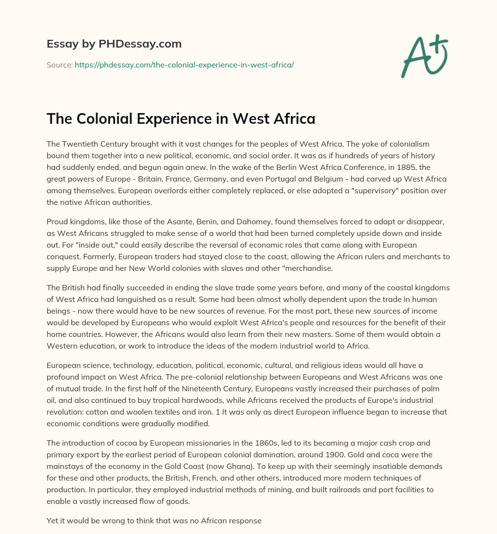 The Colonial Experience in West Africa essay