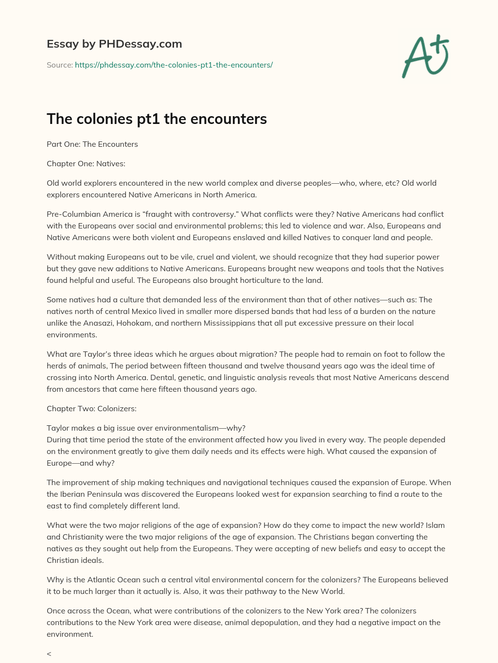 The colonies pt1 the encounters essay