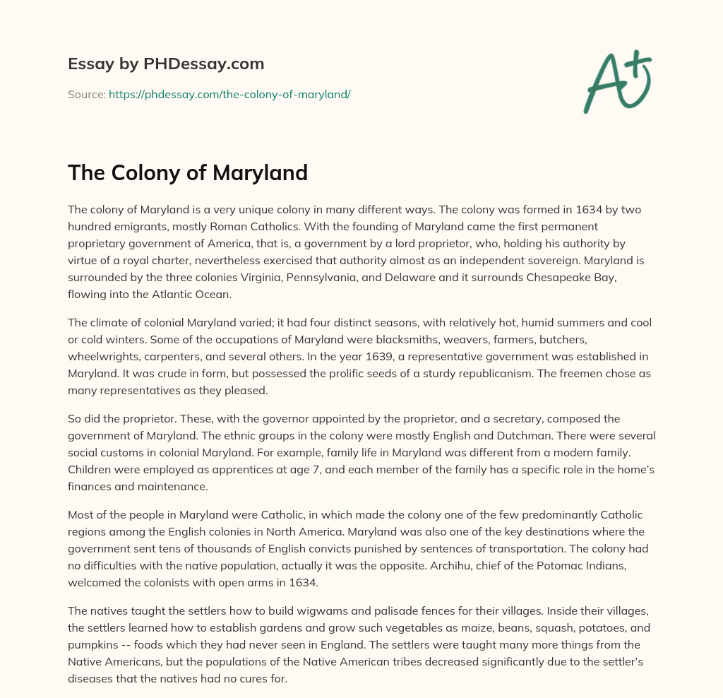 The Colony of Maryland essay