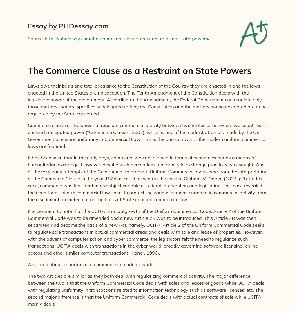 The Commerce Clause as a Restraint on State Powers essay