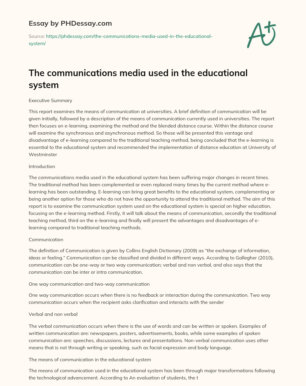 The communications media used in the educational system essay