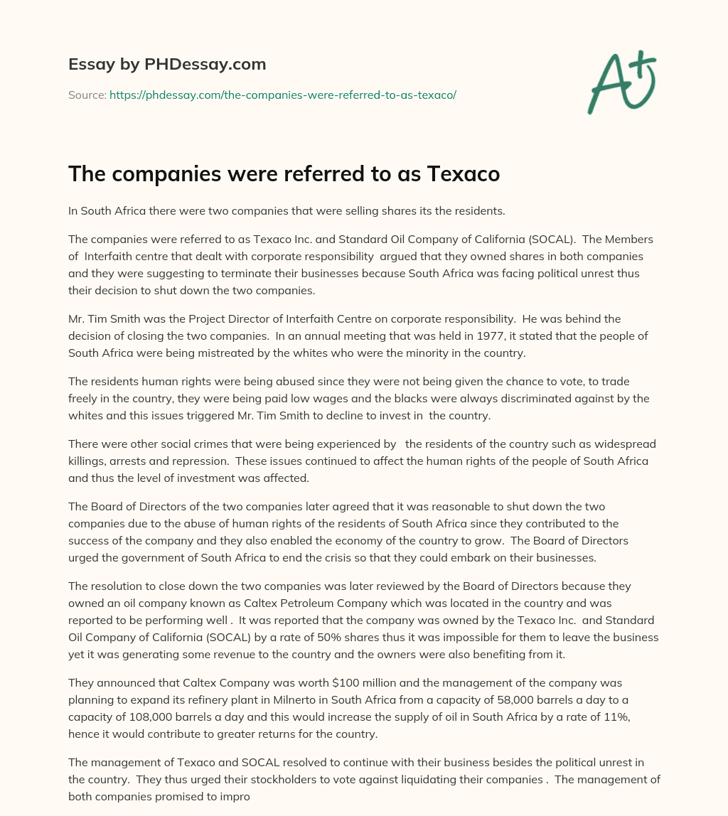 The companies were referred to as Texaco essay