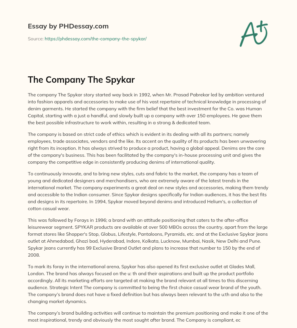 The Company The Spykar essay