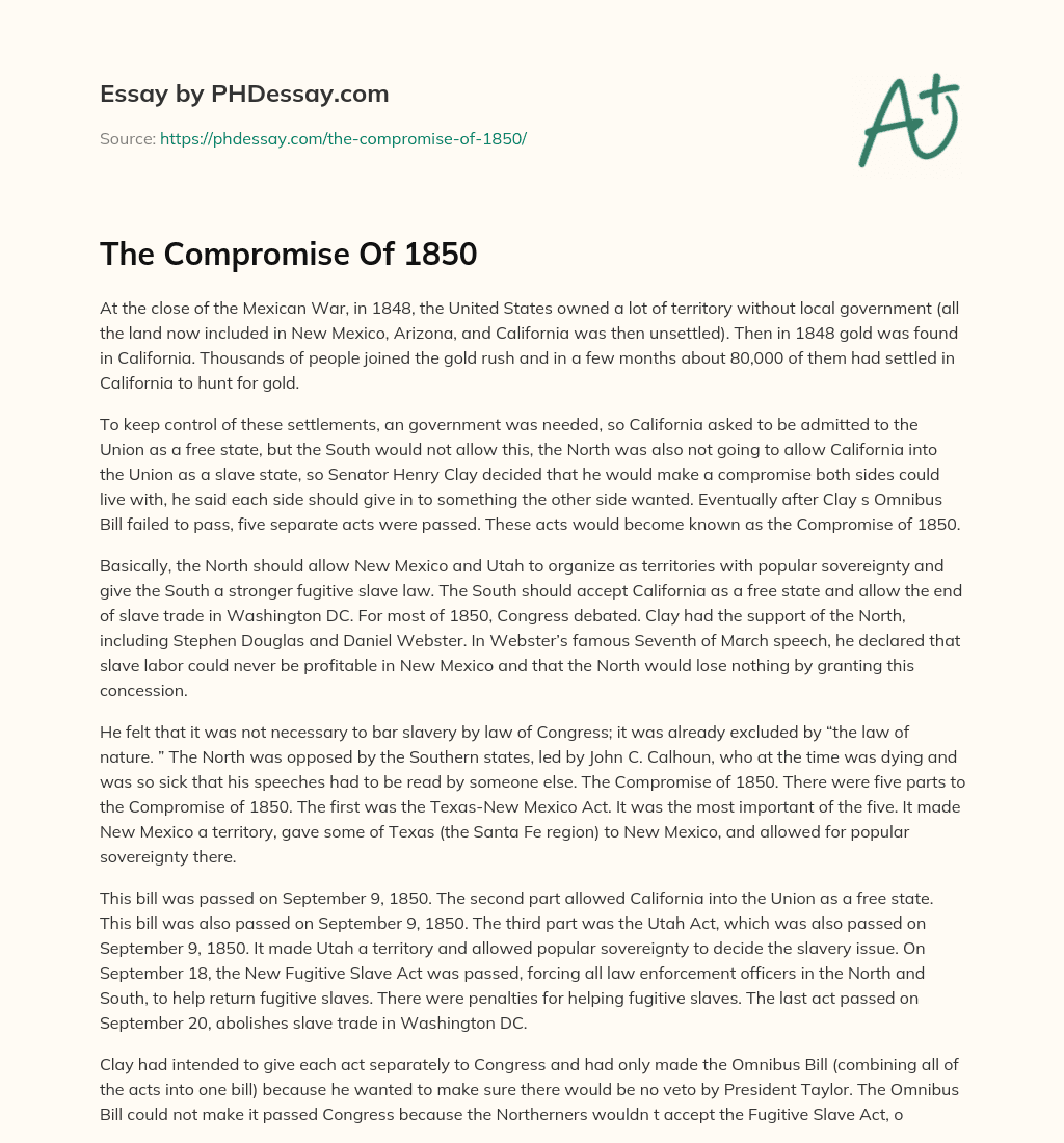 The Compromise Of 1850 essay