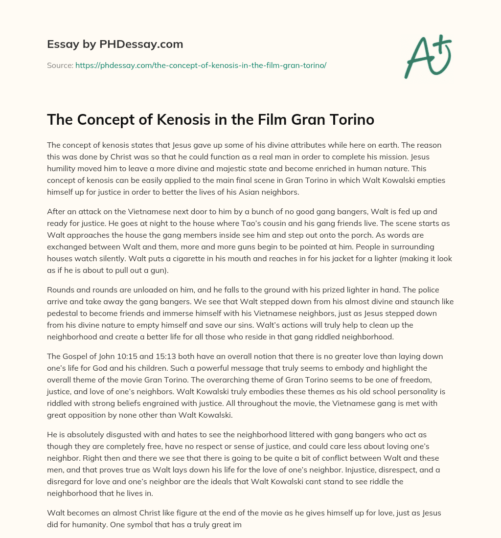 The Concept of Kenosis in the Film Gran Torino essay