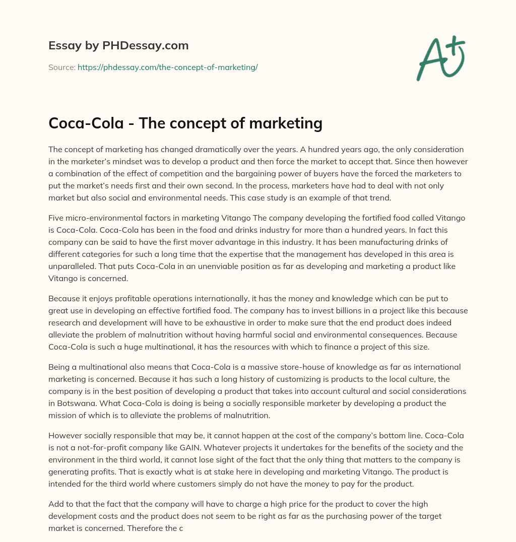 Coca-Cola – The concept of marketing essay