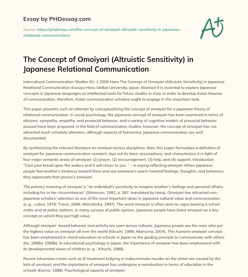 The Concept of Omoiyari (Altruistic Sensitivity) in Japanese Relational Communication essay