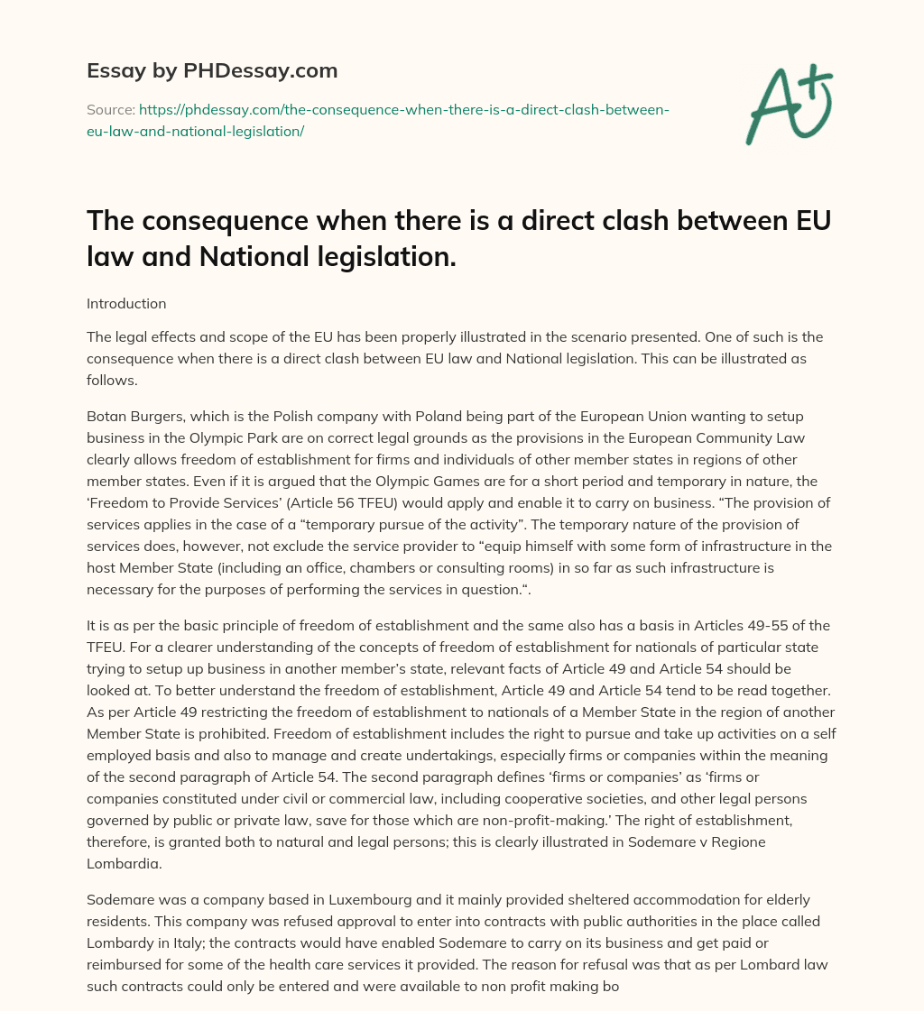 EU Law Allows Freedom of Establishment for Firms and Individuals in Other Member States essay