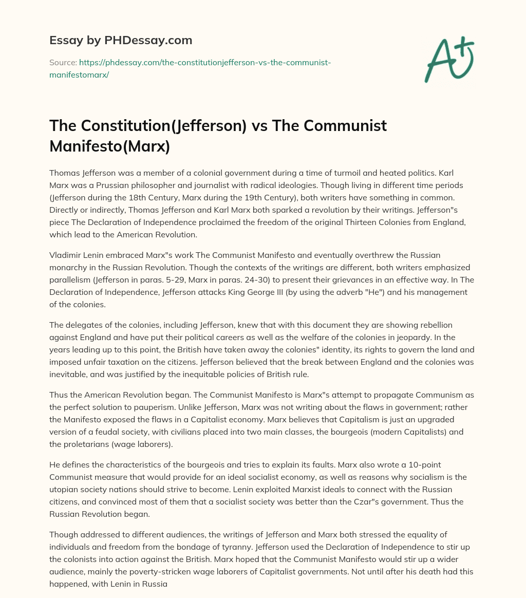 The Constitution(Jefferson) vs The Communist Manifesto(Marx) essay