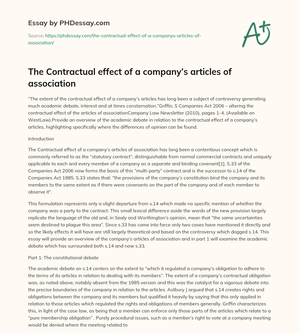 The Contractual effect of a company’s articles of association essay