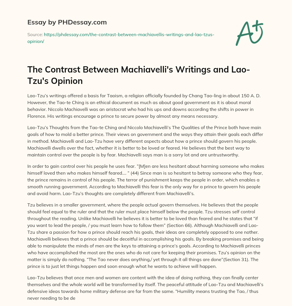 The Contrast Between Machiavelli’s Writings and Lao-Tzu’s Opinion essay