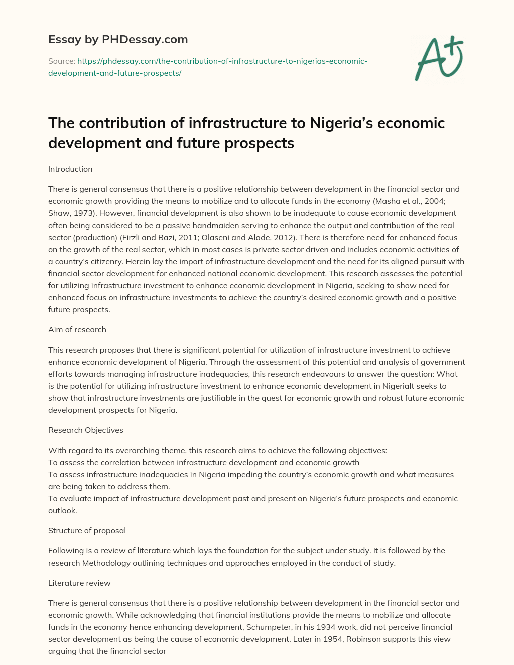 The contribution of infrastructure to Nigeria’s economic development and future prospects essay