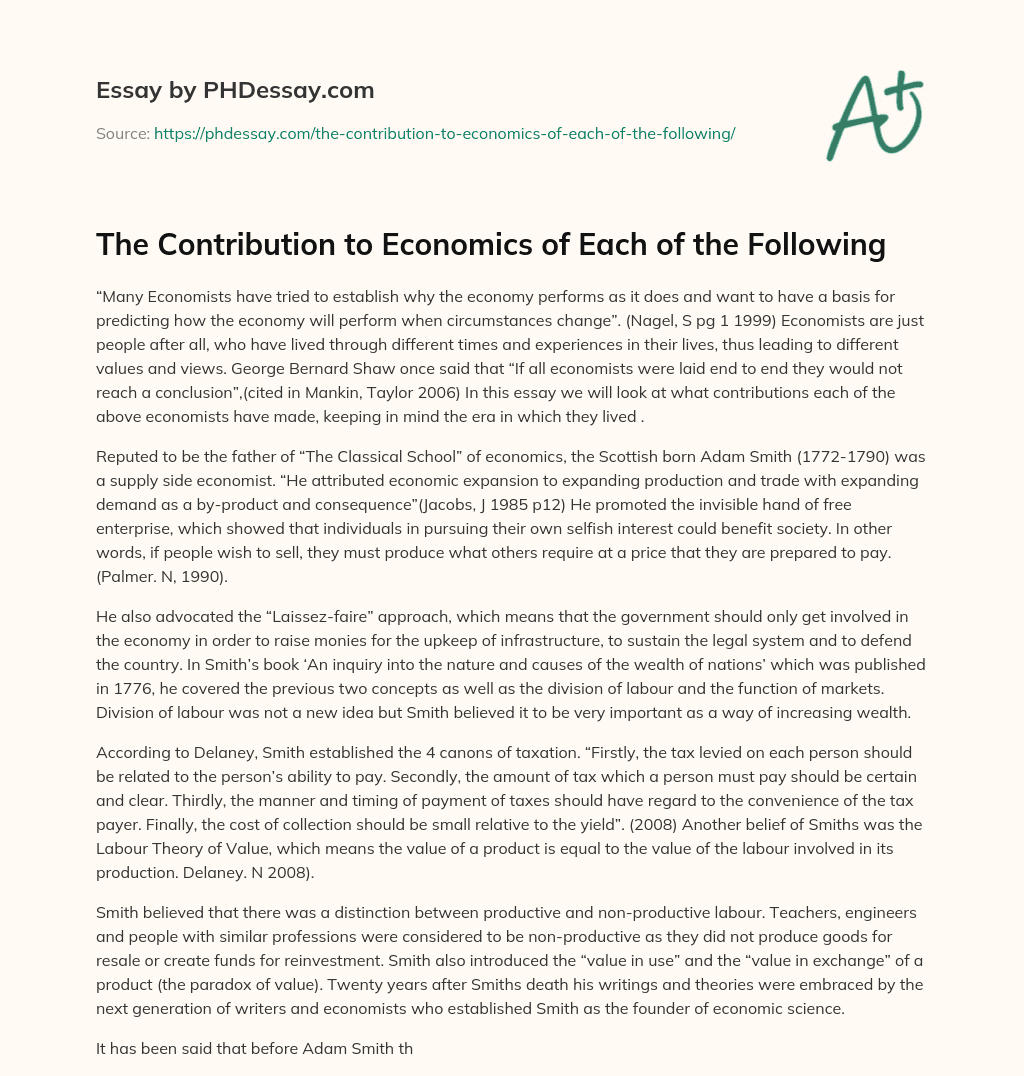 The Contribution to Economics of Each of the Following essay
