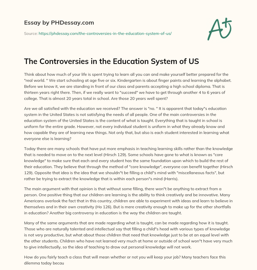 The Controversies in the Education System of US essay