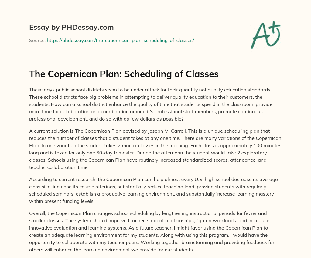 The Copernican Plan: Scheduling of Classes essay