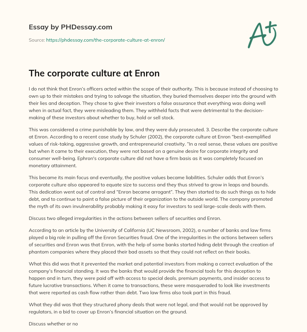 The corporate culture at Enron essay