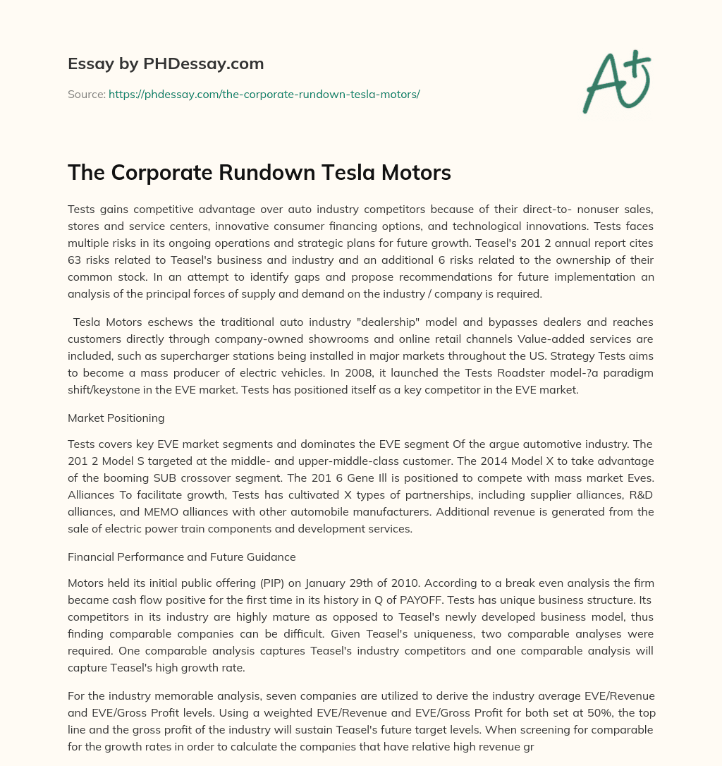 The Corporate Rundown  Tesla Motors essay