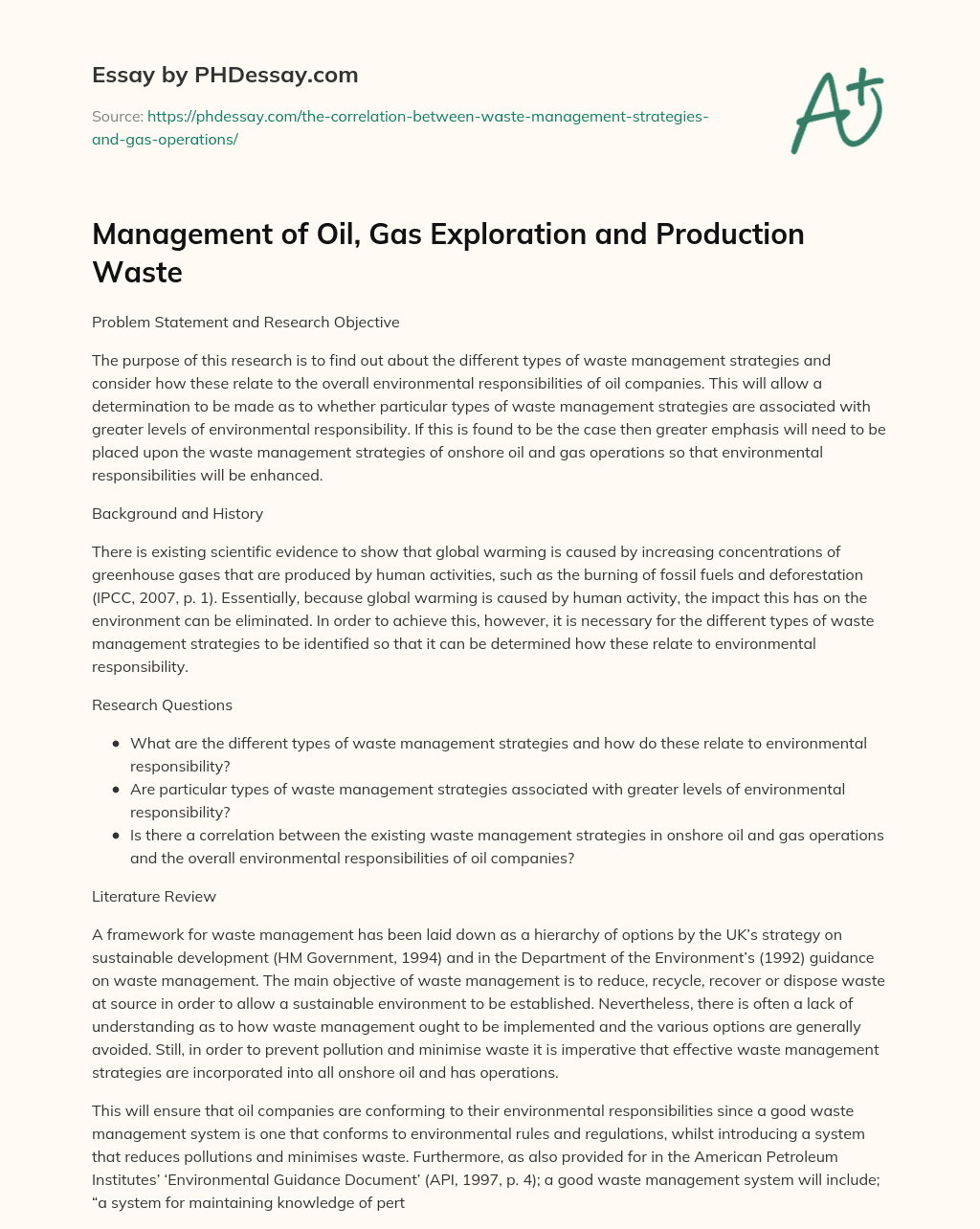 Management of Oil, Gas Exploration and Production Waste essay