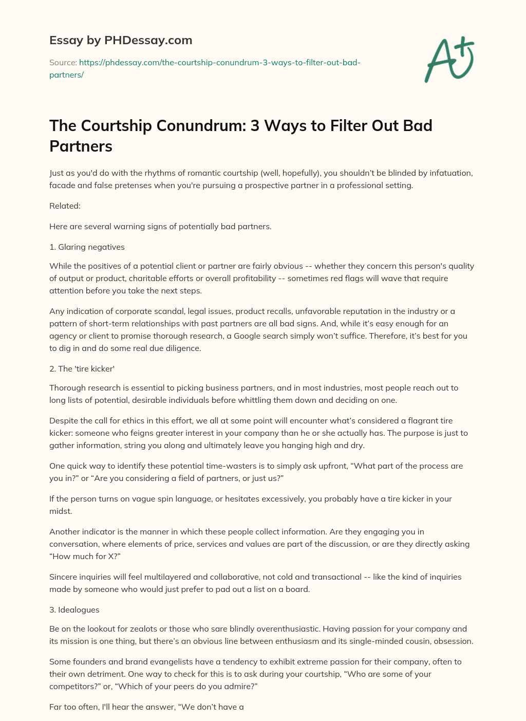 The Courtship Conundrum: 3 Ways to Filter Out Bad Partners essay