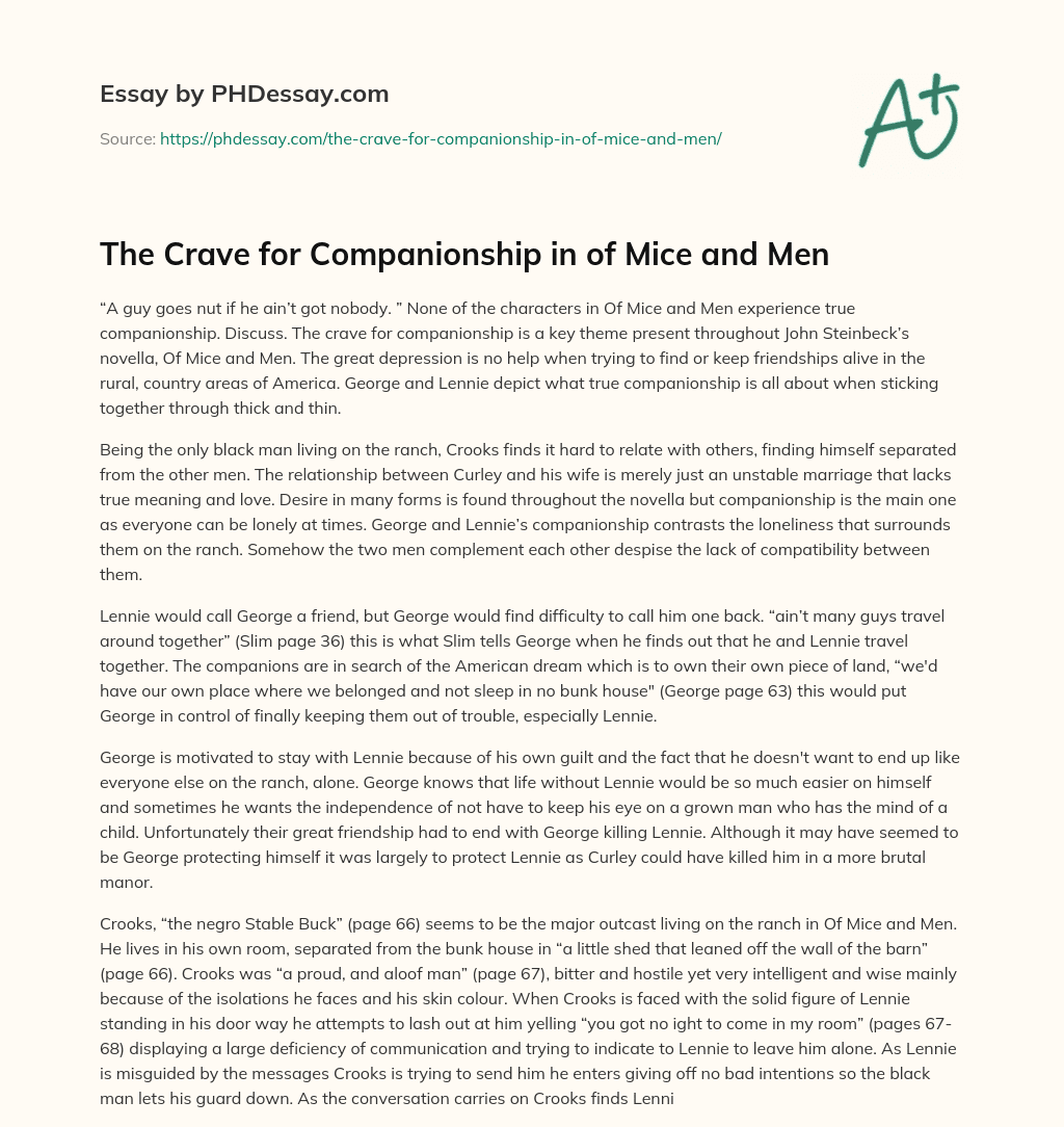 The Crave for Companionship in of Mice and Men essay