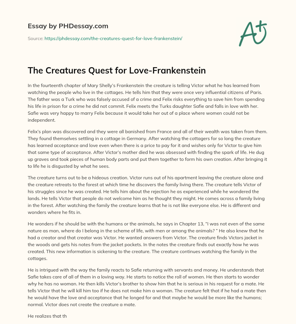 The Creatures Quest for Love-Frankenstein essay