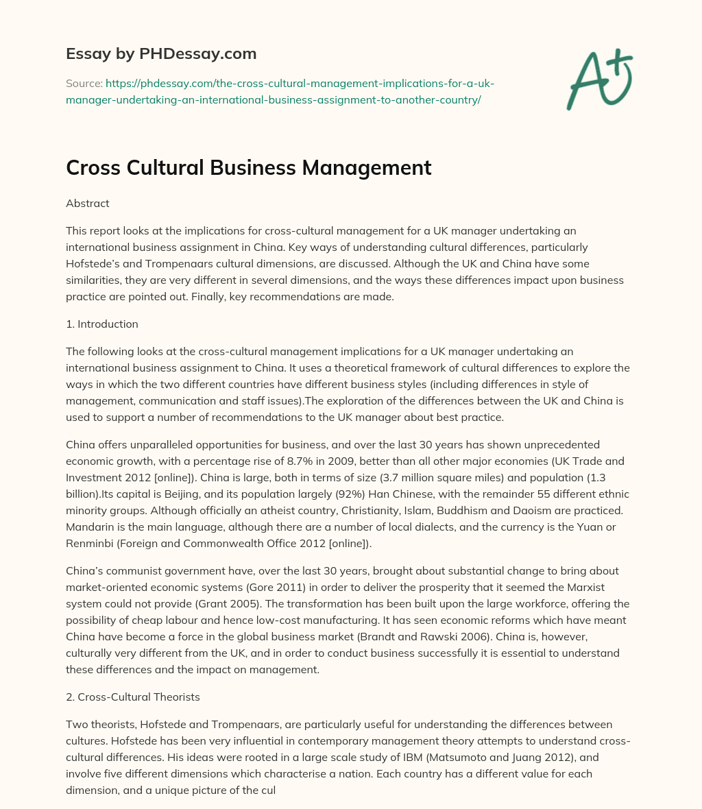 Cross Cultural Business Management essay