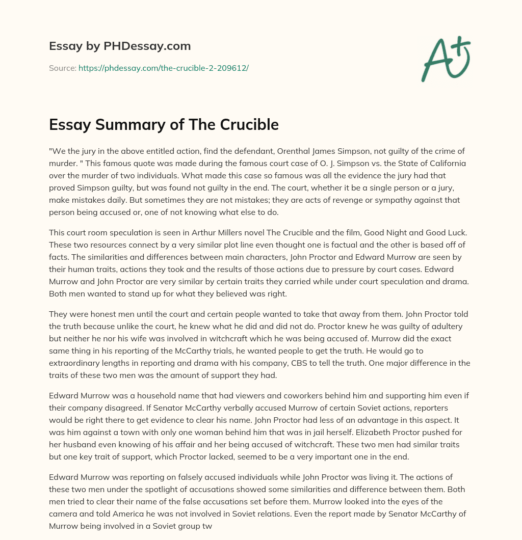 Essay Summary of The Crucible essay