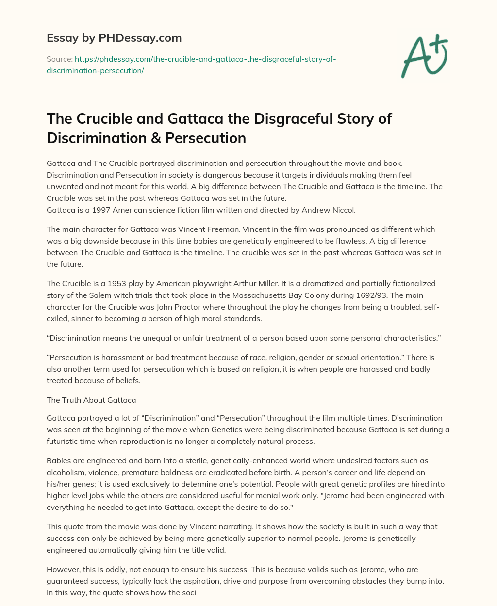 The Crucible and Gattaca the Disgraceful Story of Discrimination & Persecution essay