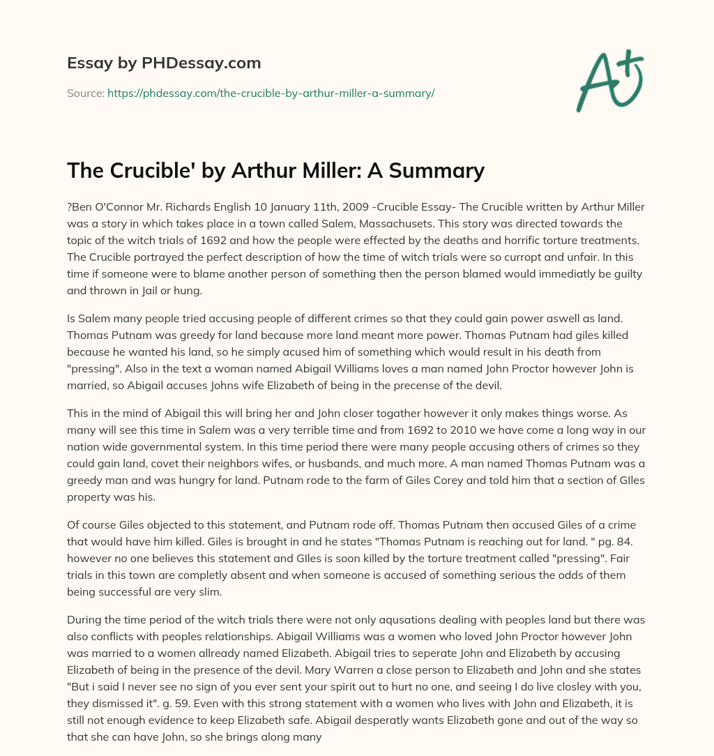 the crucible by arthur miller essay