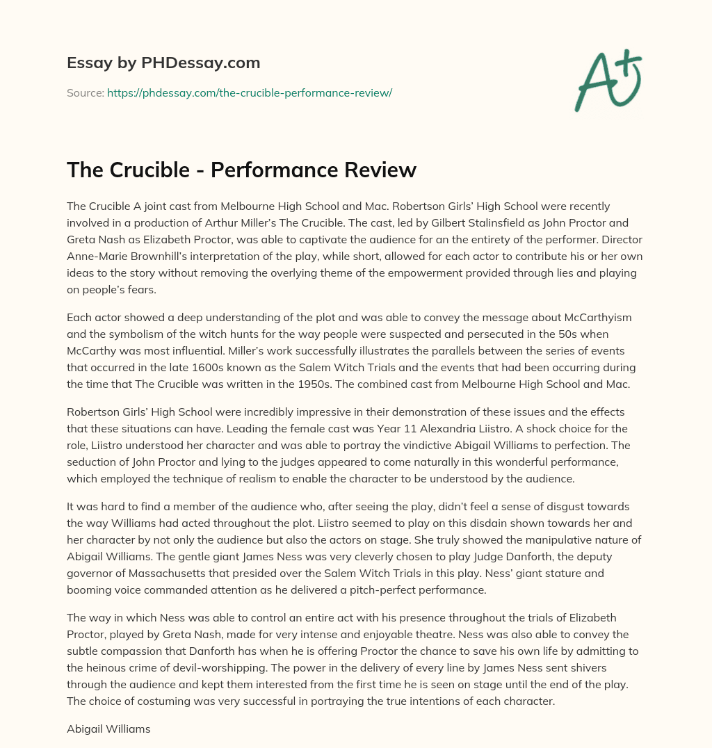 The Crucible – Performance Review essay