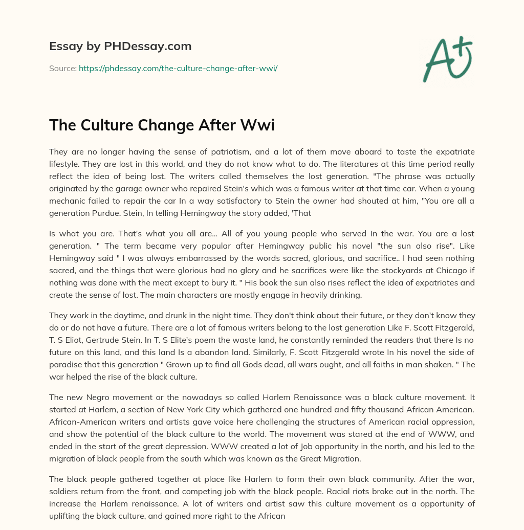 The Culture Change After Wwi essay