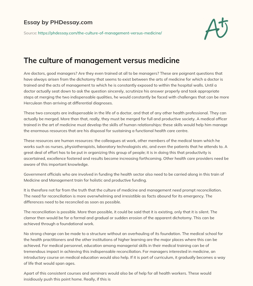 The culture of management versus medicine essay