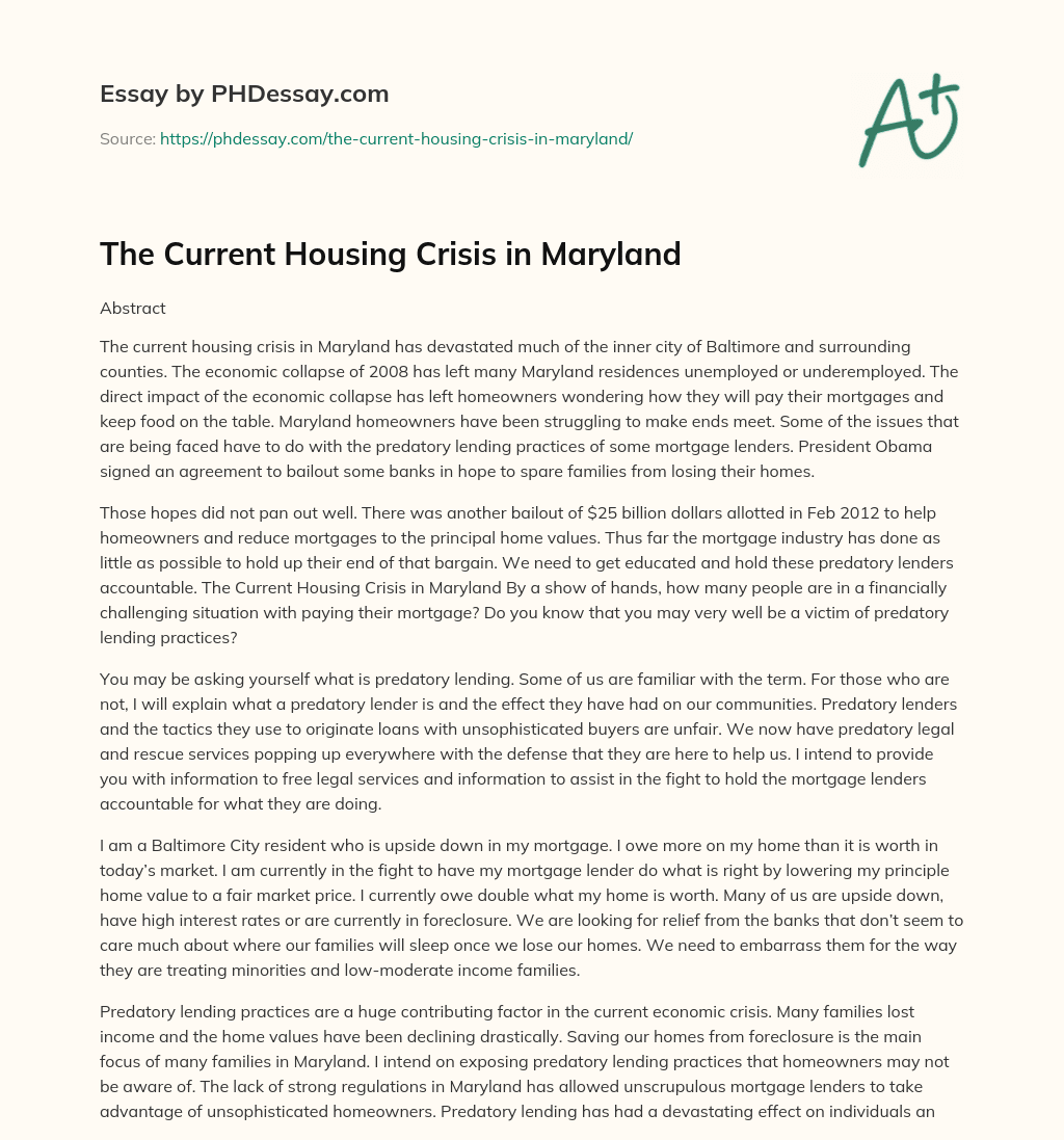 essay on the housing crisis