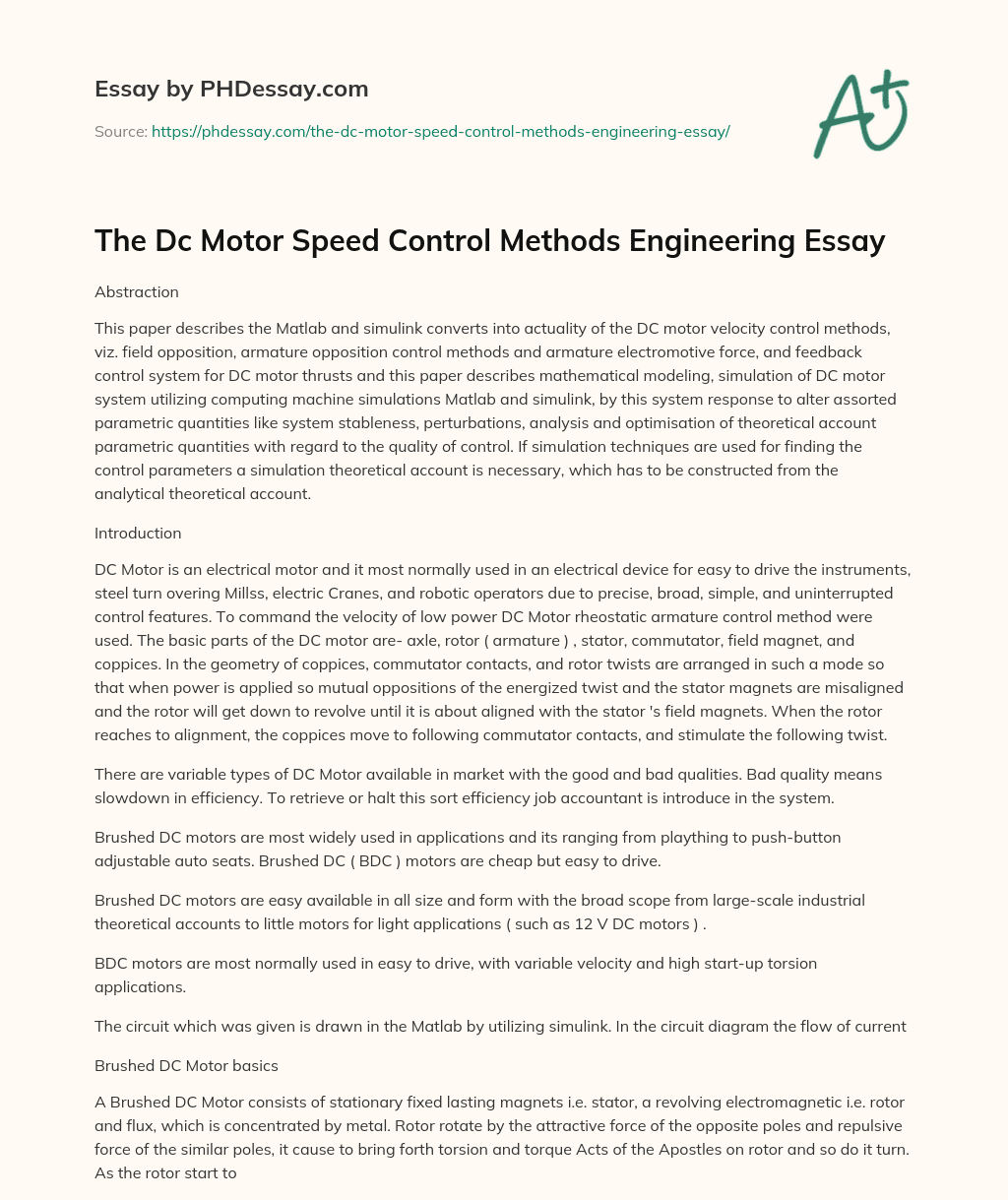 The Dc Motor Speed Control Methods Engineering Essay essay