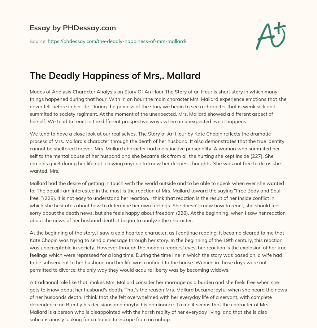 The Deadly Happiness of Mrs,. Mallard essay