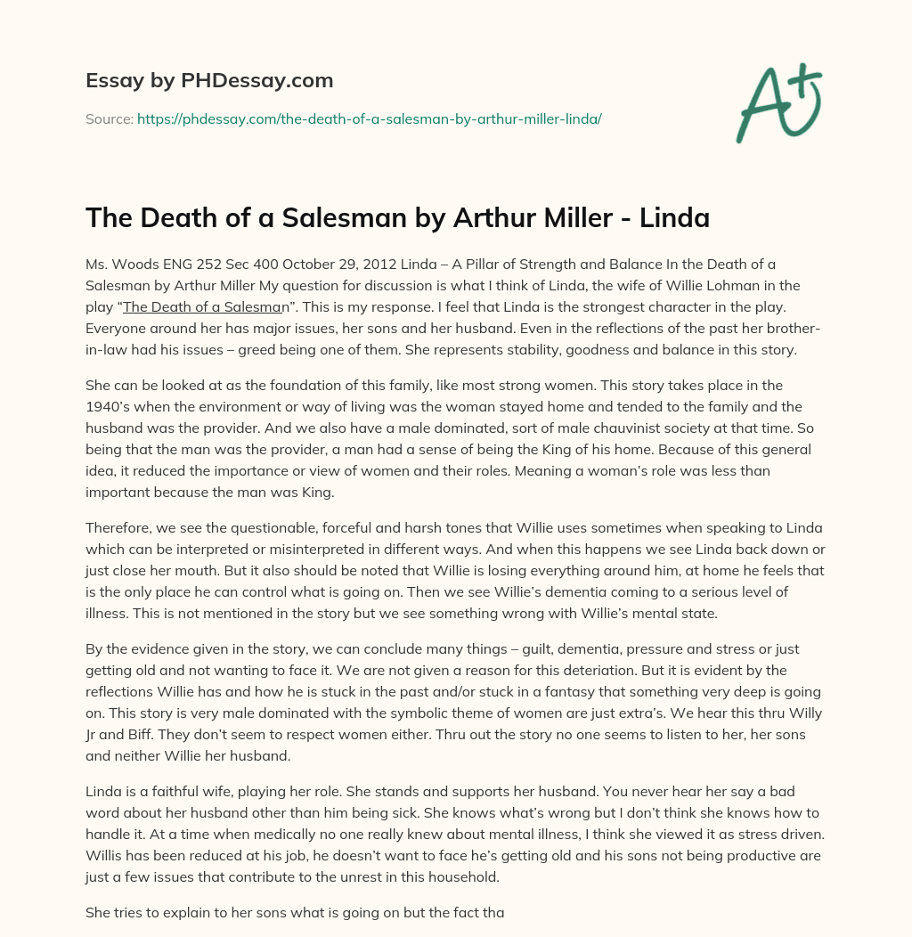 The Death of a Salesman by Arthur Miller – Linda essay