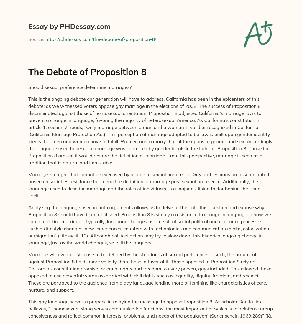 The Debate of Proposition 8 essay