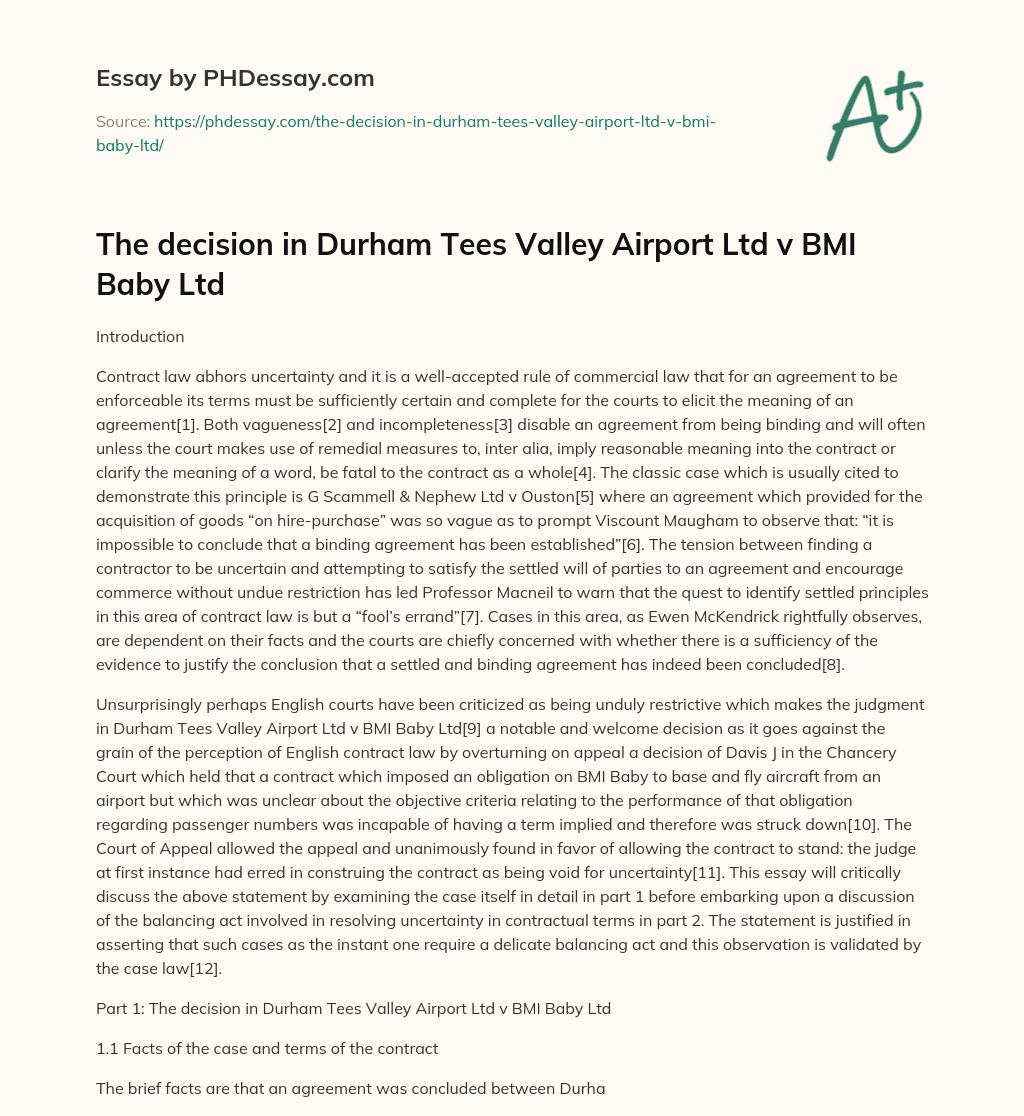 The decision in Durham Tees Valley Airport Ltd v BMI Baby Ltd essay