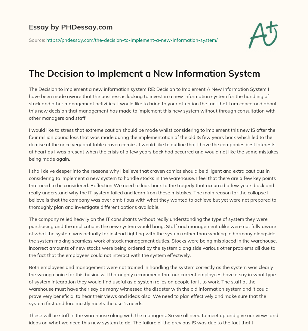 The Decision to Implement a New Information System essay