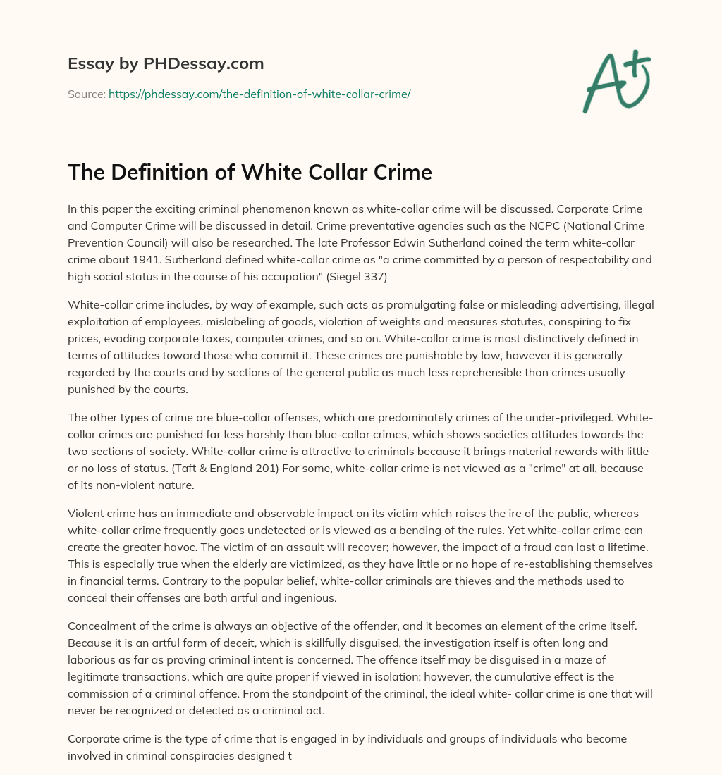 The Definition of White Collar Crime essay