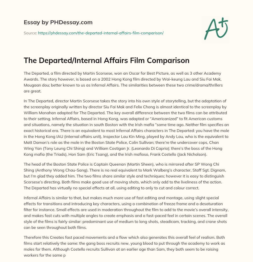 The Departed/Internal Affairs Film Comparison essay