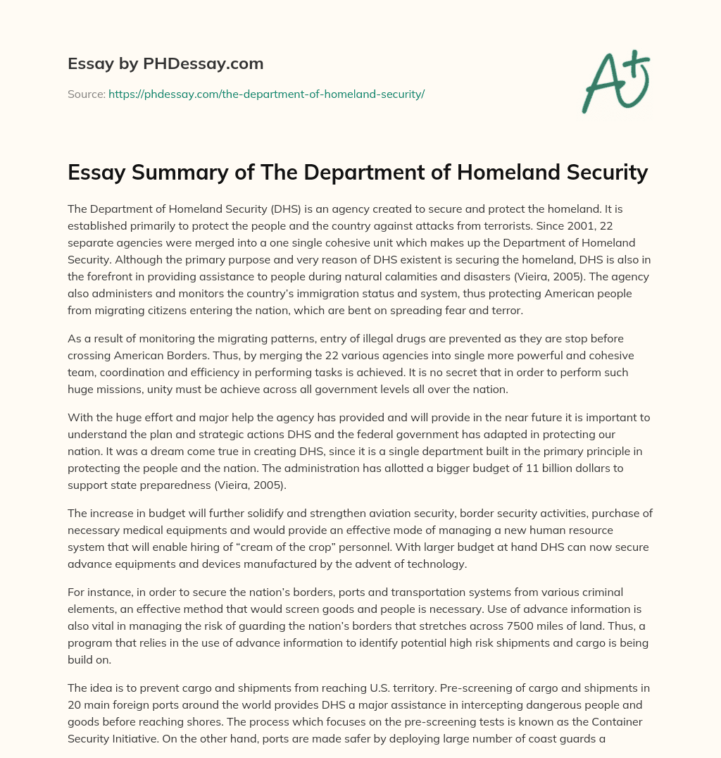 Essay Summary of The Department of Homeland Security essay