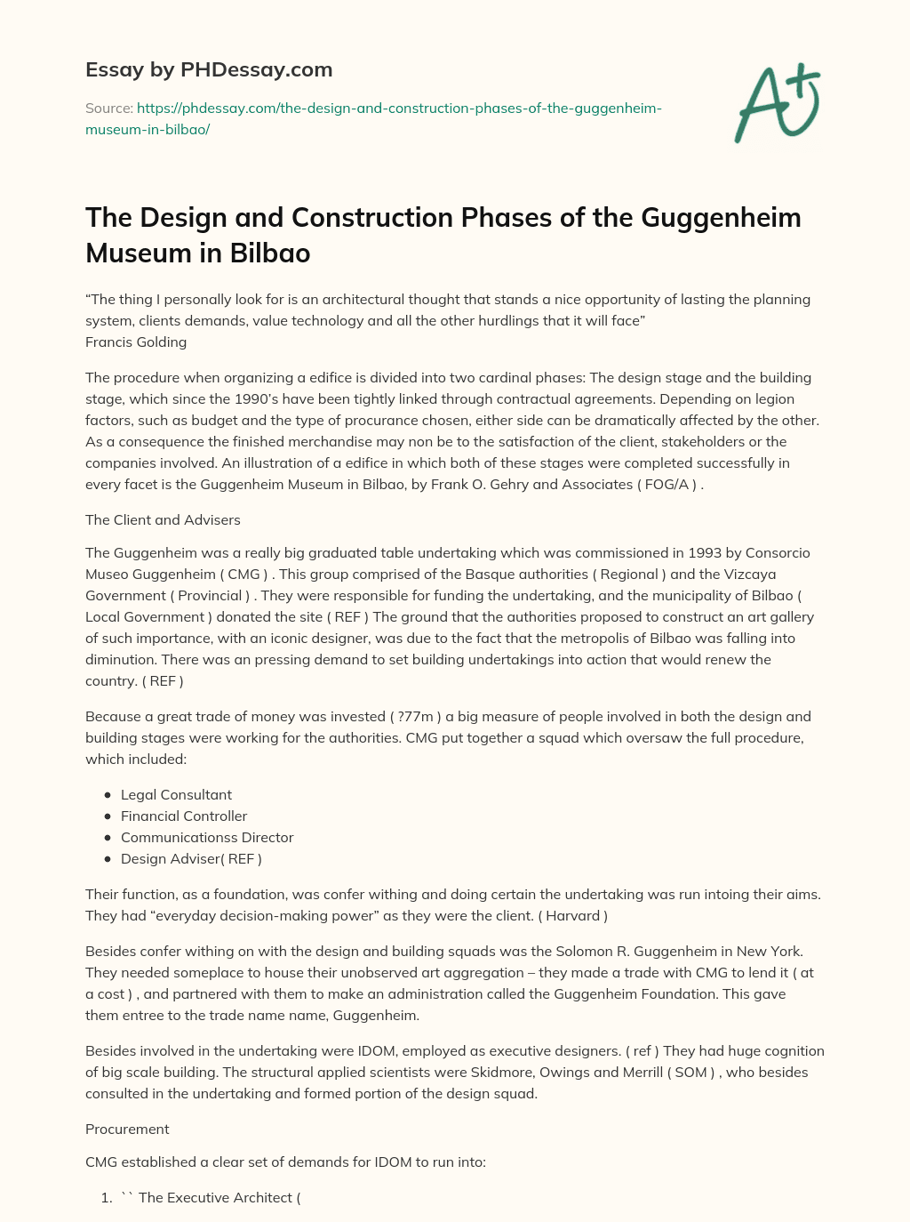 The Design and Construction Phases of the Guggenheim Museum in Bilbao essay