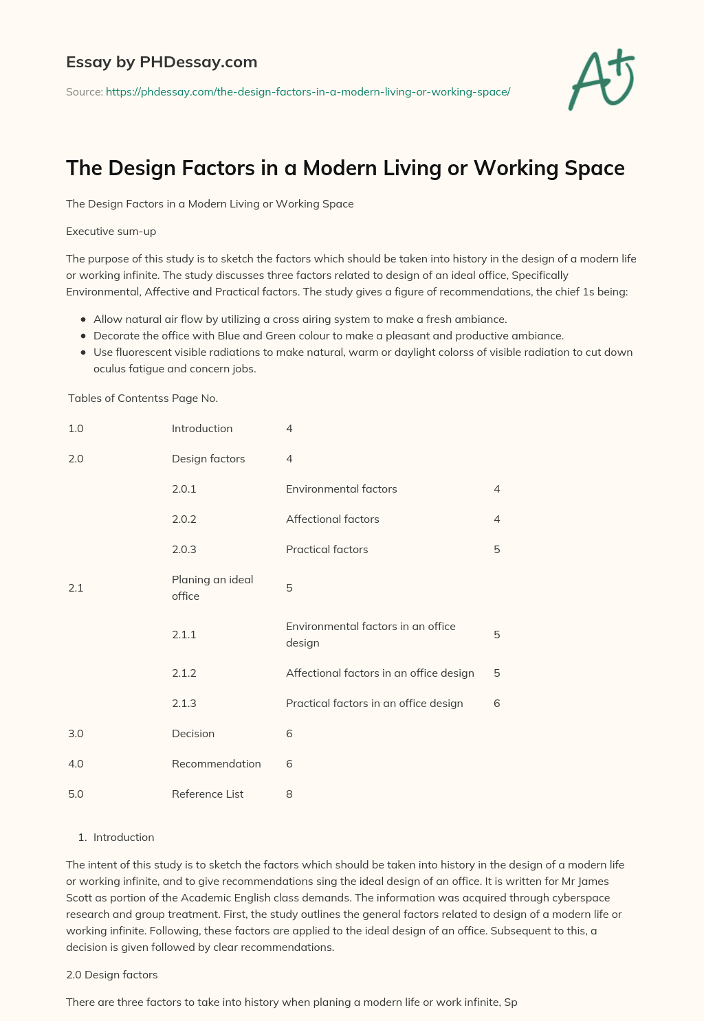 The Design Factors in a Modern Living or Working Space essay