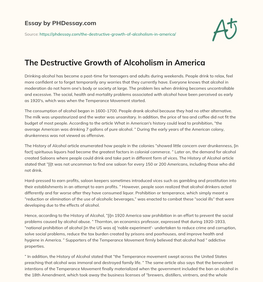 The Destructive Growth of Alcoholism in America essay