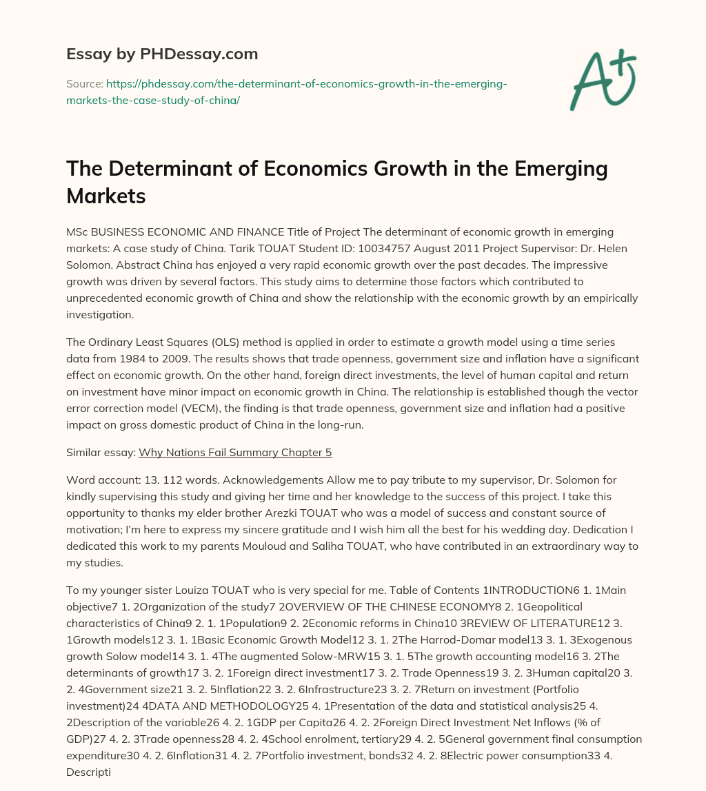 The Determinant of Economics Growth in the Emerging Markets essay